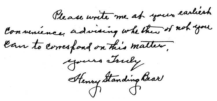 Chief Henry Standing Bears Letter to Korczak